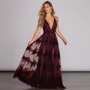 Windsor Formal Flocked Velvet Dress Burgundy SZ SM